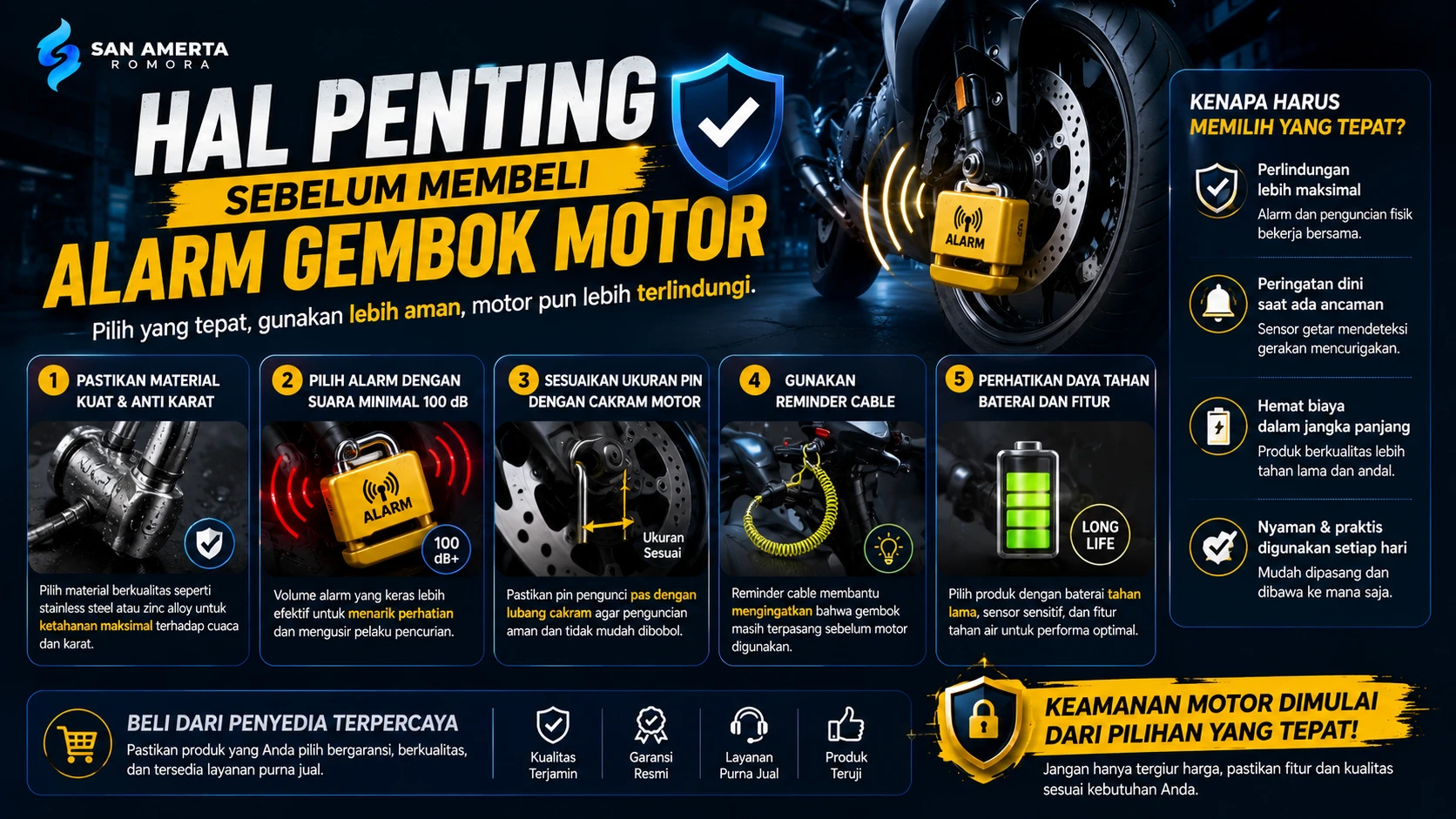 Infografis panduan memilih alarm gembok motor yang menampilkan faktor penting seperti material anti karat, suara alarm keras, ukuran pin yang sesuai, daya tahan baterai, dan fitur pengingat untuk keamanan kendaraan.