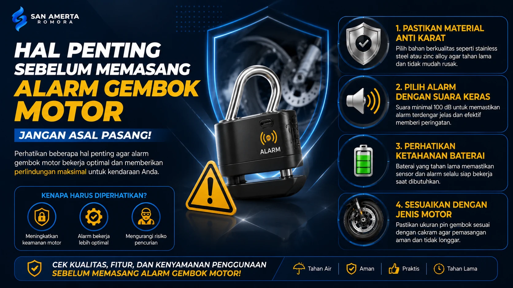 Ilustrasi alarm gembok motor dengan simbol keamanan dan daftar fitur penting seperti material anti karat, suara alarm keras, baterai tahan lama, serta ukuran yang sesuai dengan cakram motor.