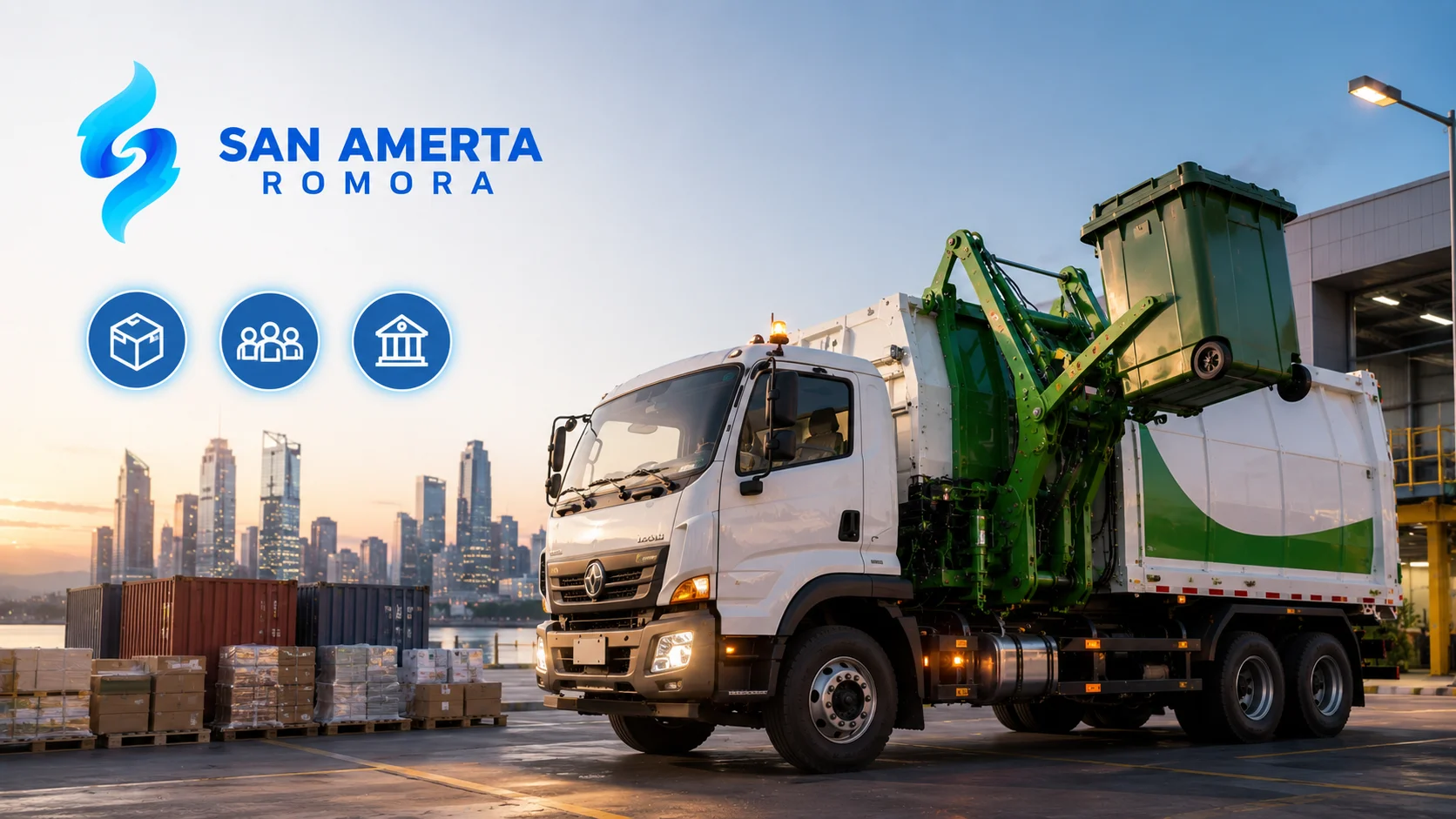 Banner Side Loader Truck untuk kebutuhan logistik dan pelayanan publik yang menampilkan armada pengangkut modern di area distribusi, dilengkapi logo San Amerta Romora dan visual kendaraan operasional berkualitas tinggi.