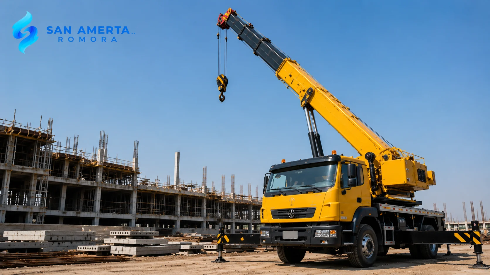Truck mounted crane di area proyek konstruksi sebagai ilustrasi pertimbangan teknis dalam pengadaan alat berat pemerintah.