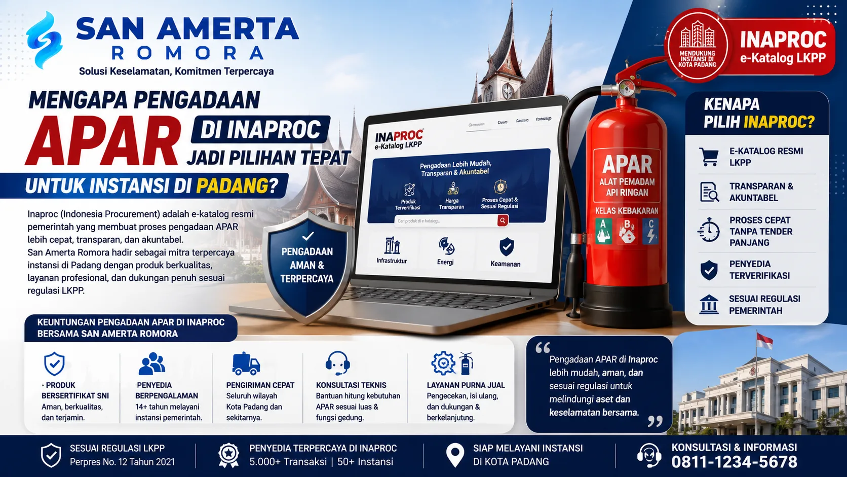 Banner pengadaan APAR di Inaproc untuk instansi di Kota Padang, menampilkan proses e-katalog LKPP, APAR bersertifikat, layanan pengadaan resmi, serta dukungan San Amerta Romora sebagai penyedia terpercaya.