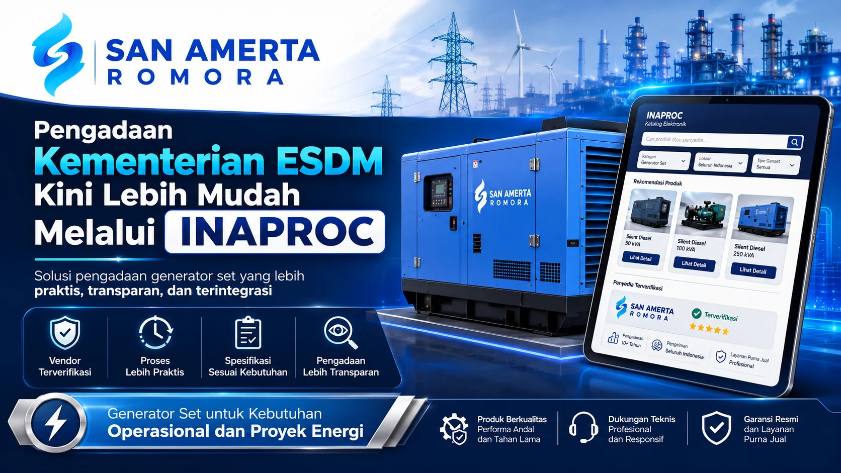 Banner pengadaan Kementerian ESDM melalui INAPROC bersama San Amerta Romora untuk kebutuhan generator set.