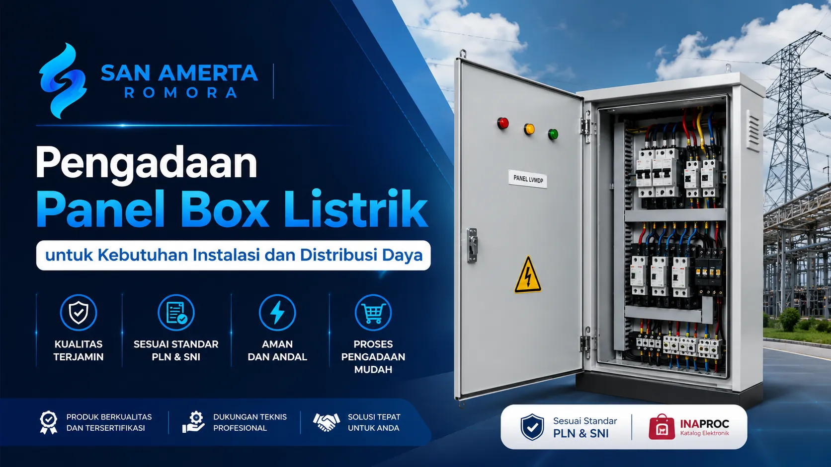 Infografik layanan dari San Amerta Romora untuk proyek pengadaan panel box listrik dan instalasi distribusi daya berkualitas tinggi yang menampilkan keunggulan produk tersertifikasi, dukungan teknis profesional, aman, andal, serta proses pengadaan mudah lewat katalog elektronik Inaproc.