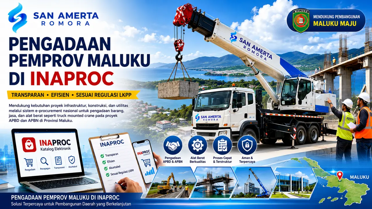 Pengadaan Pemprov Maluku di INAPROC untuk kebutuhan proyek infrastruktur dan truck mounted crane sesuai regulasi LKPP bersama San Amerta Romora