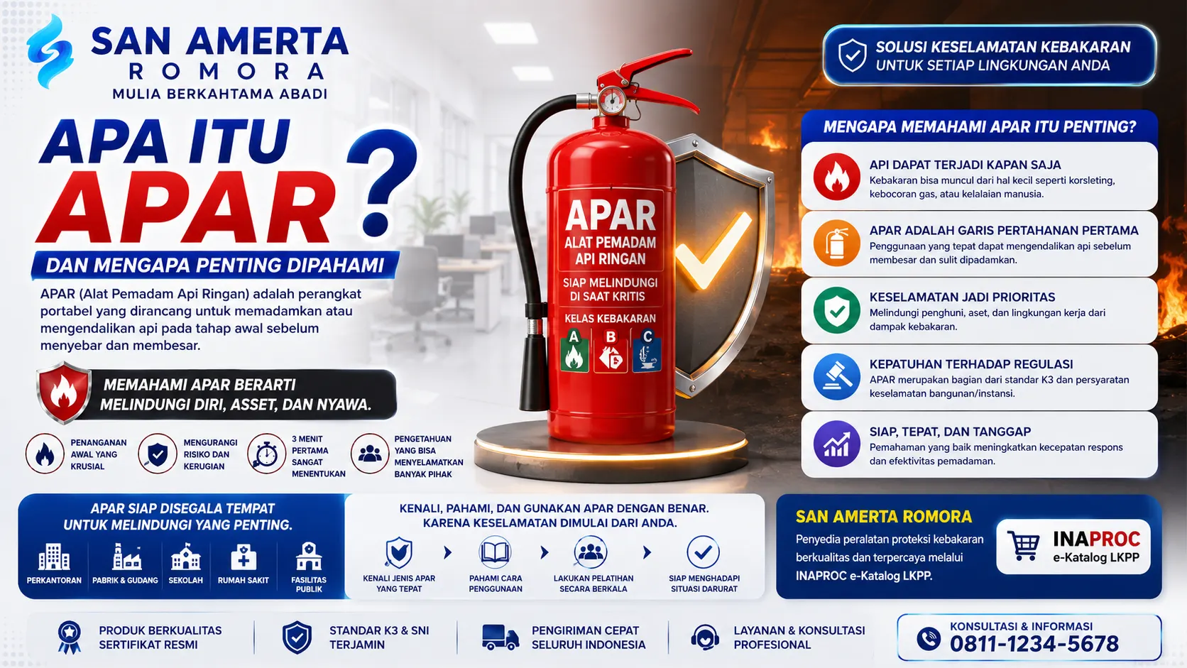 Banner edukasi APAR yang menjelaskan pengertian dan pentingnya alat pemadam api ringan sebagai perlindungan awal terhadap kebakaran di kantor, sekolah, fasilitas publik, dan area kerja.