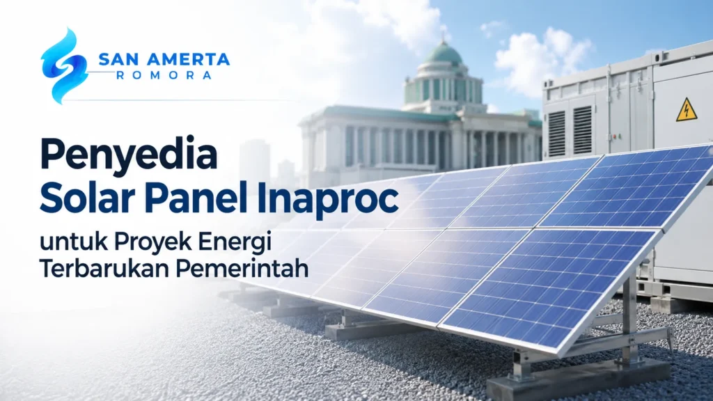 Banner layanan Penyedia Solar Panel Inaproc untuk Proyek Energi Terbarukan Pemerintah dari San Amerta Romora, menampilkan susunan panel surya di area gedung pemerintahan.