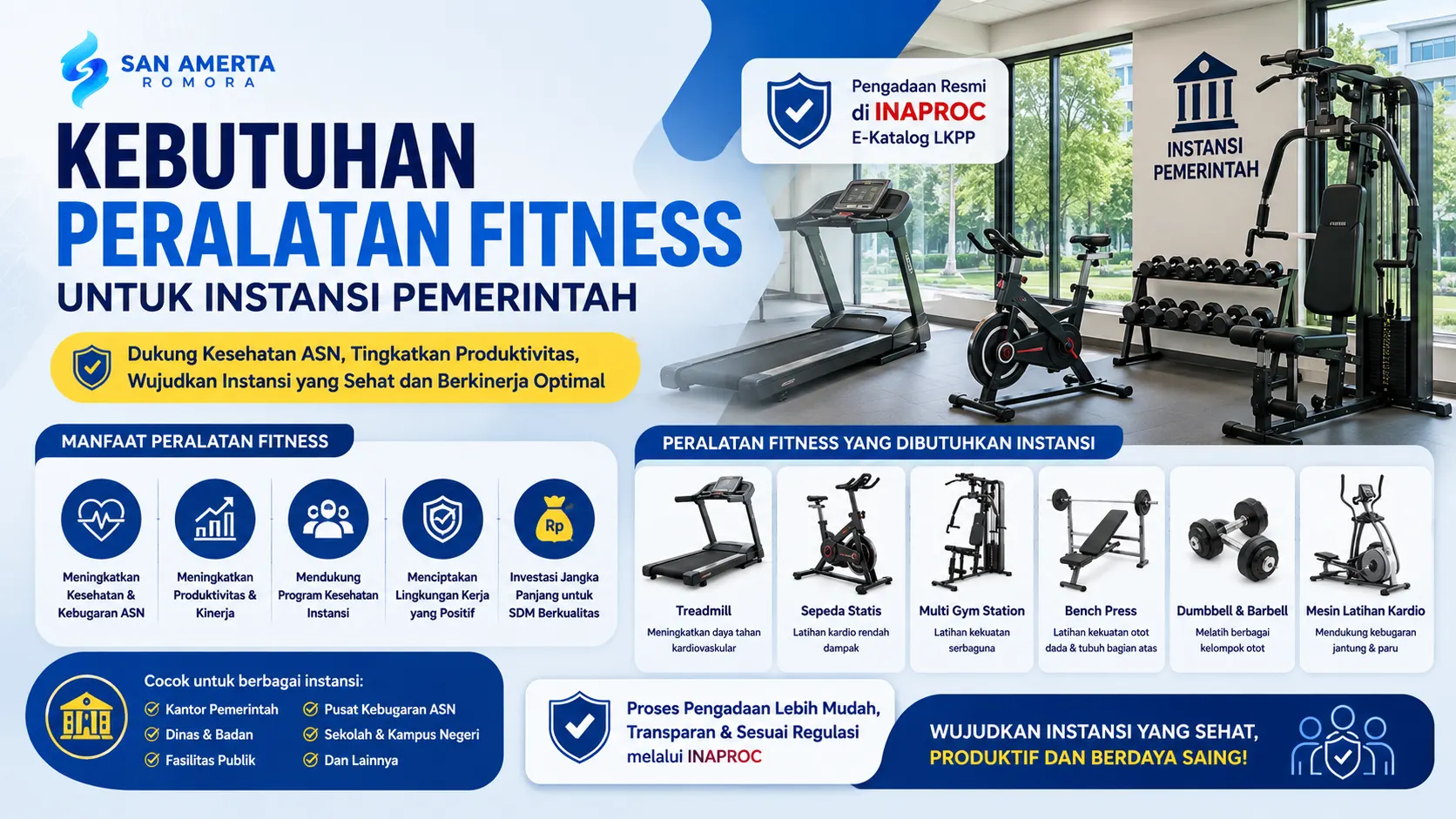 Banner yang menampilkan berbagai peralatan fitness seperti treadmill, sepeda statis, multi gym station, dan dumbbell untuk mendukung kebutuhan fasilitas olahraga dan kebugaran di instansi pemerintah.