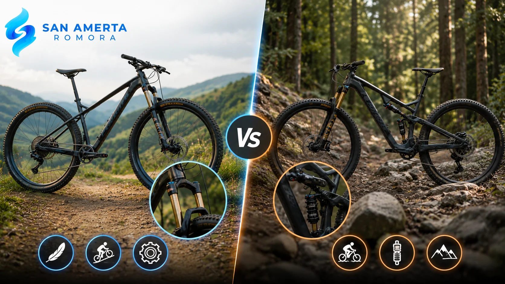 Perbandingan sepeda gunung hardtail dan full suspension yang menampilkan perbedaan desain suspensi untuk kebutuhan medan dan gaya berkendara yang berbeda.