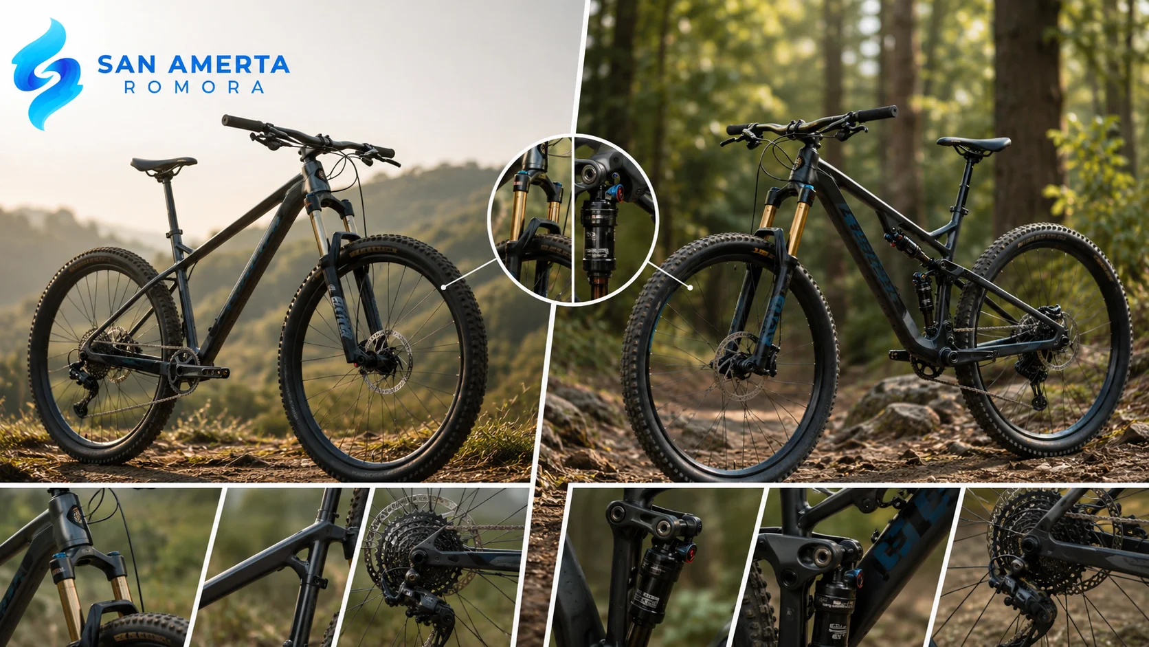 Perbandingan sepeda gunung hardtail dan full suspension yang menampilkan perbedaan sistem suspensi untuk berbagai kebutuhan medan dan gaya berkendara.
