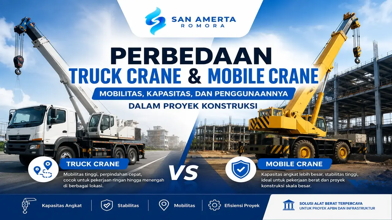 Perbedaan Truck Crane dan Mobile Crane untuk Proyek Konstruksi APBN dan Infrastruktur – Mobilitas, Kapasitas Angkat, dan Efisiensi Alat Berat dari San Amarta Romora