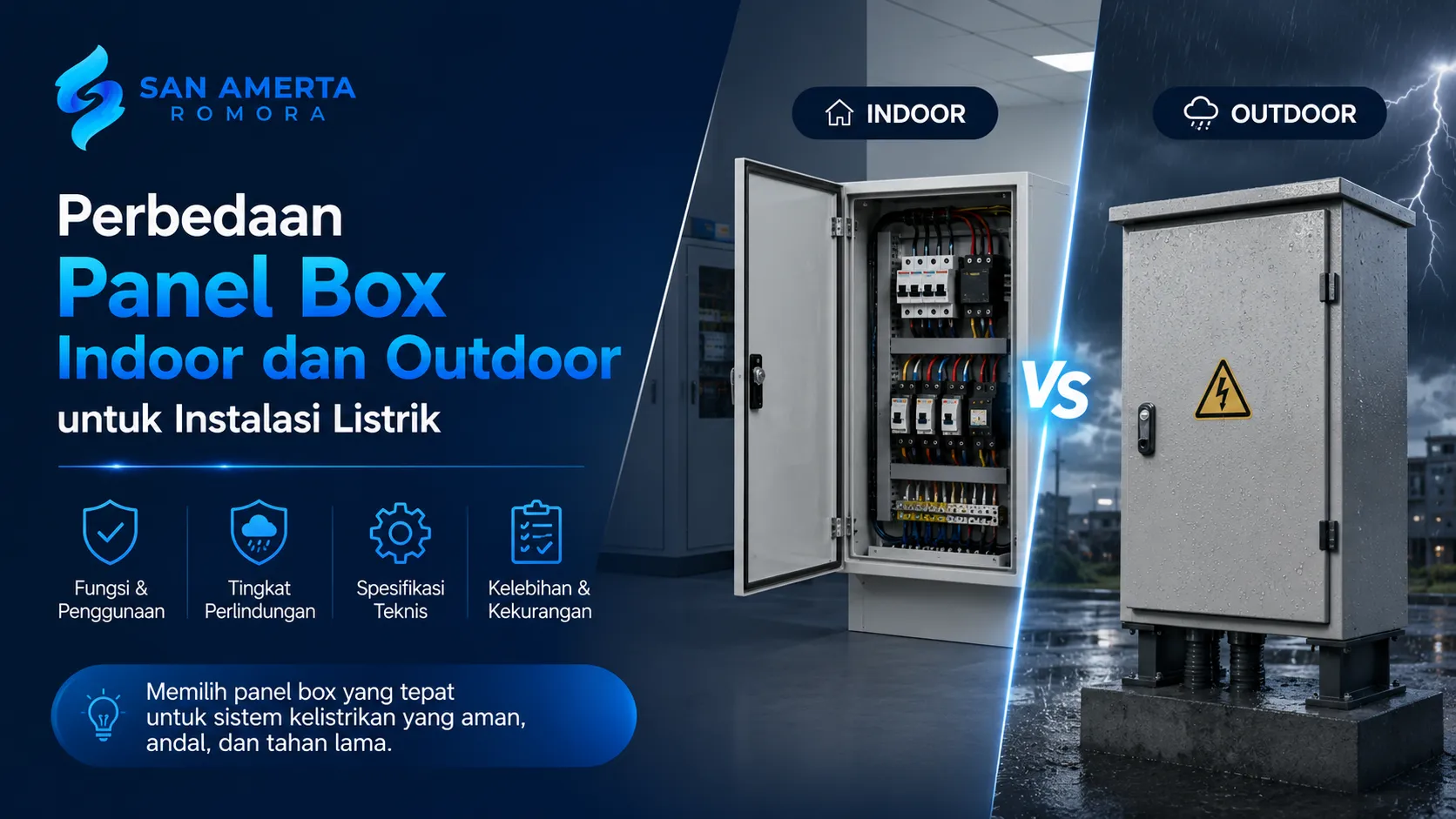 Banner edukasi PT San Amerta Romora berjudul Perbedaan Panel Box Indoor dan Outdoor untuk Instalasi Listrik. Menampilkan perbandingan visual antara panel box listrik tipe indoor yang terbuka memperlihatkan sirkuit internal di dalam ruangan, bersanding dengan panel box tipe outdoor tertutup bertekstur kokoh yang tahan cuaca ekstrem di luar ruangan saat hujan badai petir.