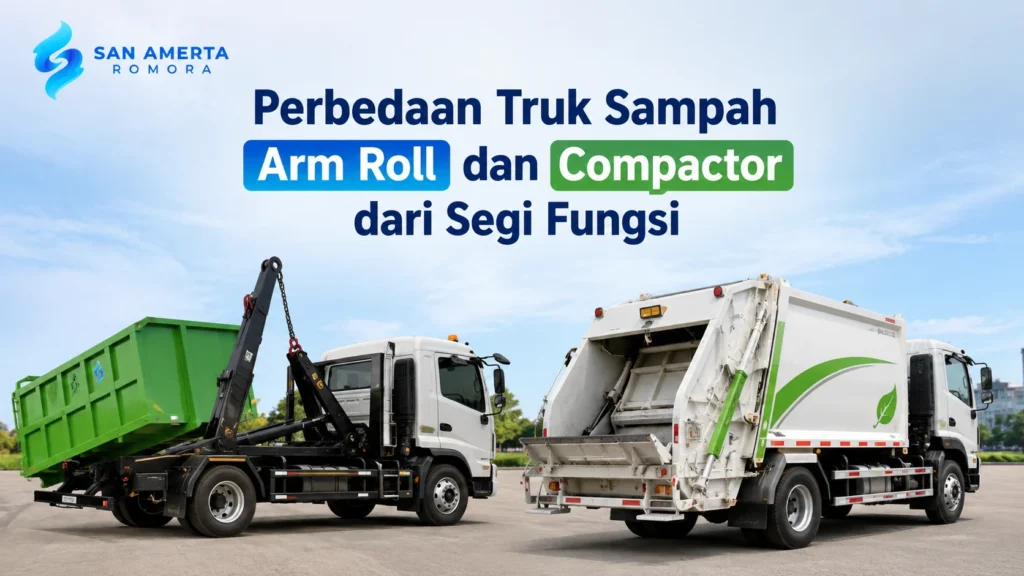 Ilustrasi Gambar Perbedaan truk sampah arm roll dan compactor dari segi fungsi untuk kebutuhan pengelolaan sampah