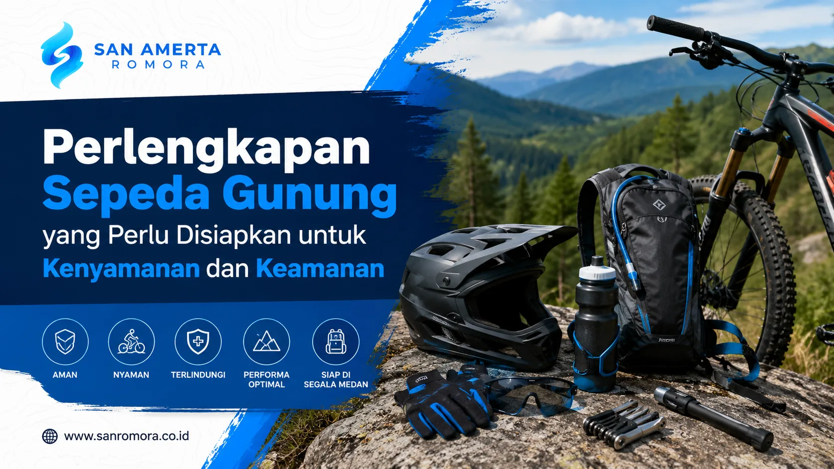 Ilustrasi gambar perlengkapan sepeda gunung yang perlu disiapkan untuk meningkatkan kenyamanan dan keamanan berkendara di berbagai medan
