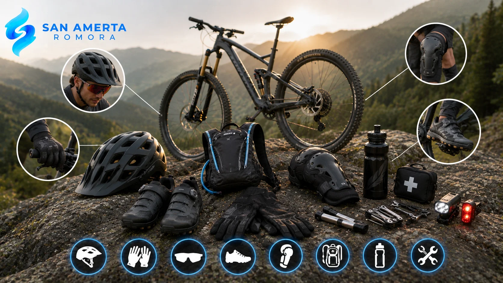 Perlengkapan sepeda gunung seperti helm, sarung tangan, sepatu, pelindung tubuh, hydration pack, dan aksesori keselamatan untuk mendukung keamanan berkendara di medan off-road.