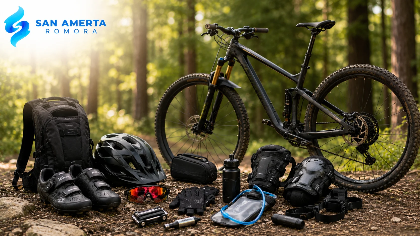 Perlengkapan bersepeda gunung lengkap seperti sepeda MTB, helm, sarung tangan, pelindung, dan aksesori pendukung untuk meningkatkan kenyamanan dan keselamatan berkendara.