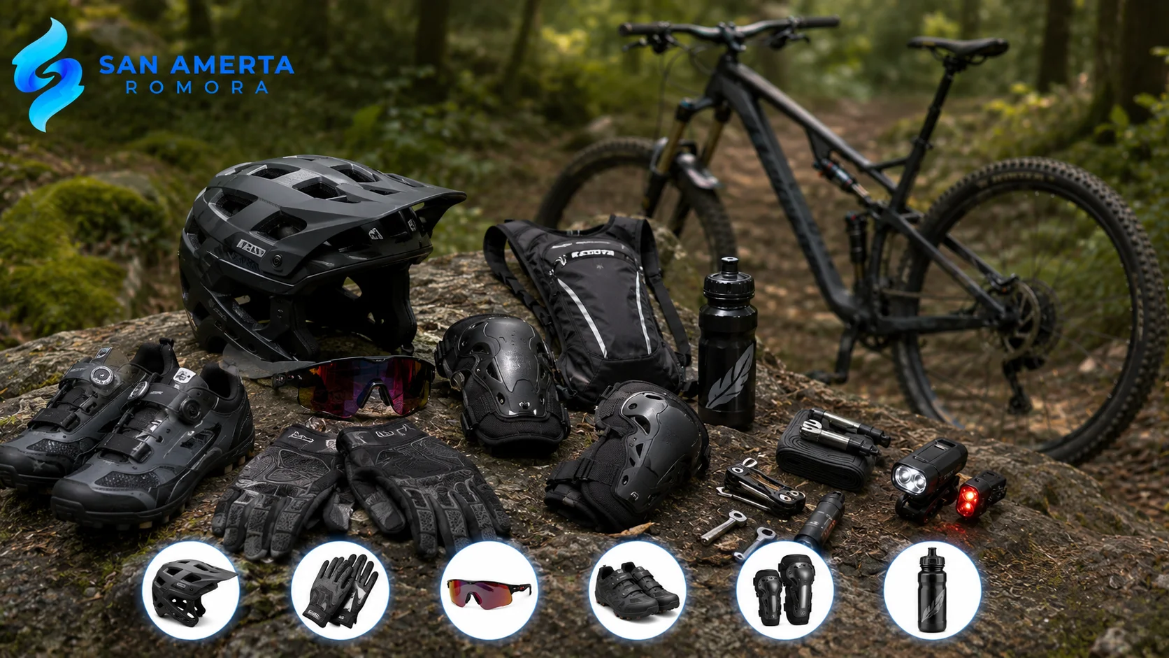 Perlengkapan sepeda gunung esensial seperti helm, sarung tangan, kacamata, sepatu, pelindung lutut dan siku, hydration pack, serta peralatan pendukung untuk keselamatan berkendara.
