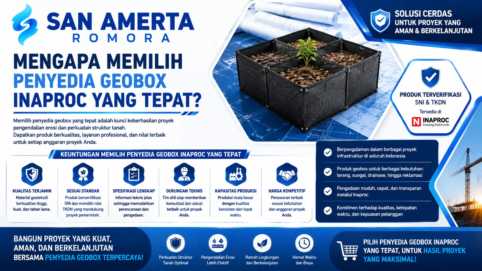 Banner edukasi tentang pentingnya memilih penyedia geobox Inaproc yang tepat untuk mendukung proyek pengendalian erosi, perkuatan tanah, dan konstruksi infrastruktur.