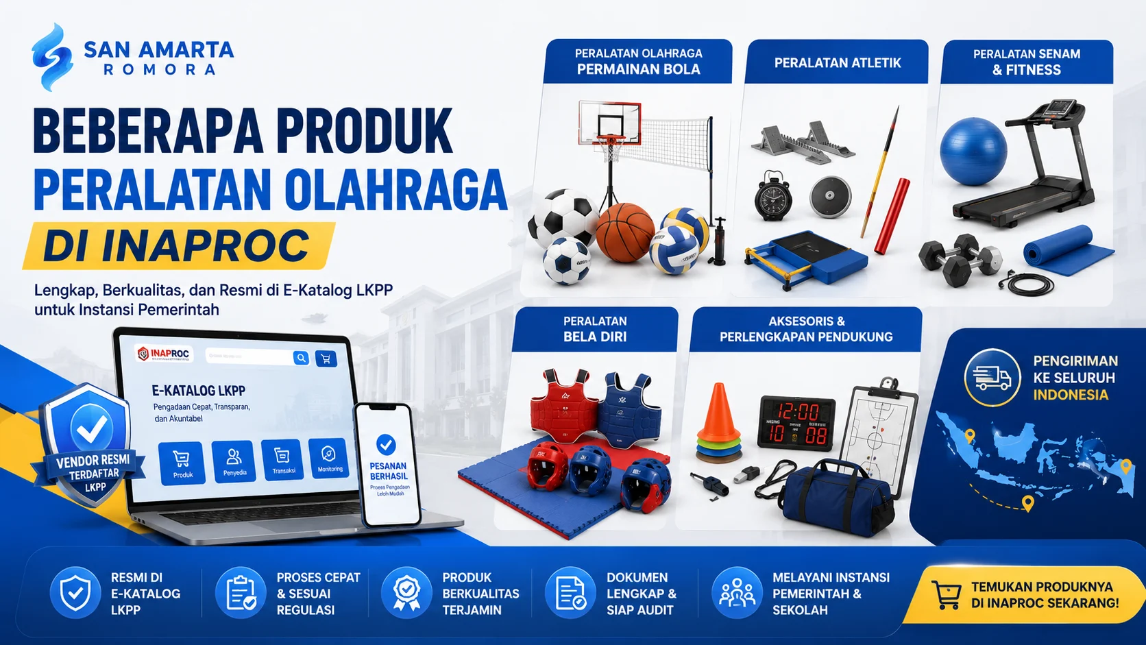 Banner yang menampilkan berbagai produk peralatan olahraga di Inaproc, mulai dari perlengkapan permainan bola, atletik, senam, fitness, bela diri, hingga aksesoris olahraga untuk kebutuhan sekolah dan instansi pemerintah.