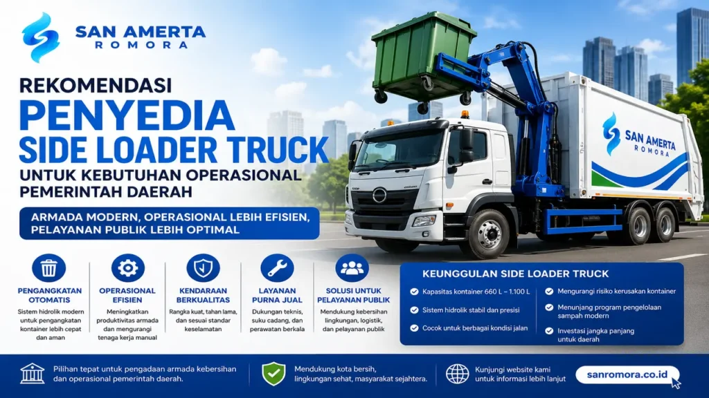 Penyedia Side Loader Truck untuk kebutuhan operasional pemerintah daerah dengan sistem pengangkatan kontainer sampah otomatis dan efisien