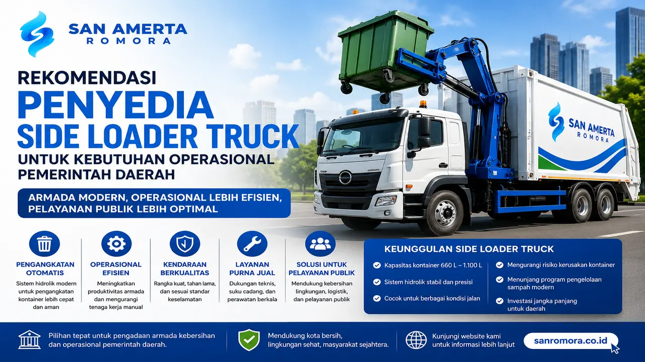 Penyedia Side Loader Truck untuk kebutuhan operasional pemerintah daerah dengan sistem pengangkatan kontainer sampah otomatis dan efisien