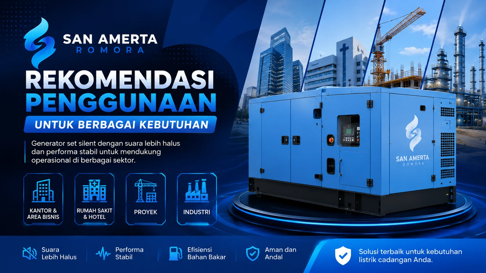 Banner generator set silent San Amerta Romora dengan desain modern berwarna biru, menampilkan genset silent untuk kebutuhan kantor, rumah sakit, proyek, dan industri dengan performa stabil dan suara lebih halus.
