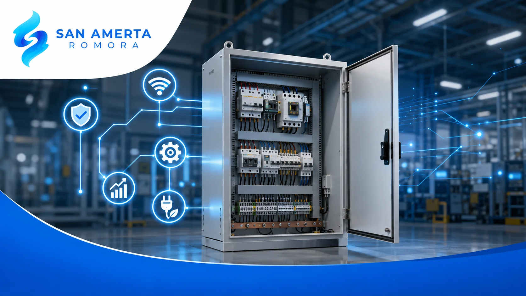 Panel box listrik modern dengan fitur distribusi dan monitoring daya.