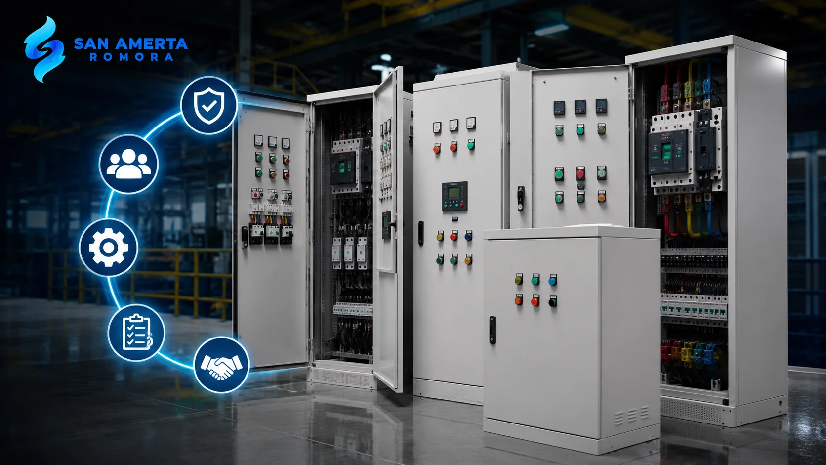 Panel box listrik industri dari San Amerta Romora untuk mendukung sistem distribusi daya yang aman, andal, dan sesuai kebutuhan proyek kelistrikan.