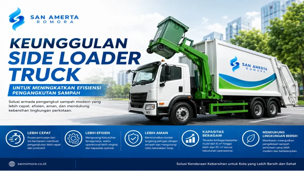 Keunggulan Side Loader Truck untuk meningkatkan efisiensi pengangkutan sampah perkotaan dengan armada kebersihan modern dari San Amerta Romora