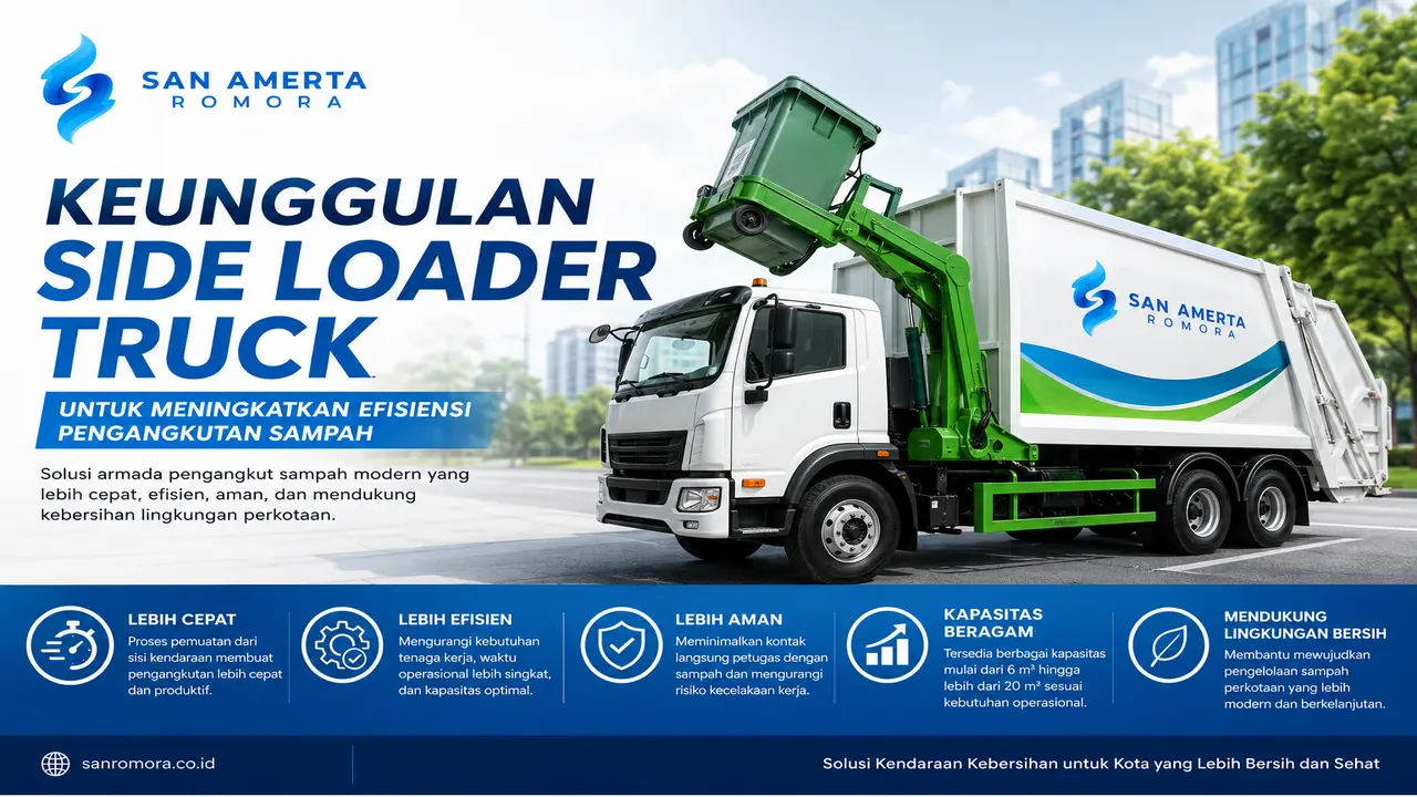 Keunggulan Side Loader Truck untuk meningkatkan efisiensi pengangkutan sampah perkotaan dengan armada kebersihan modern dari San Amerta Romora