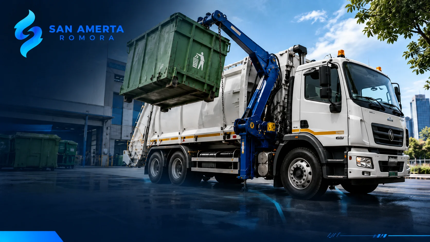Banner side loader truck mengangkat kontainer sampah dengan logo San Amerta Romora.
