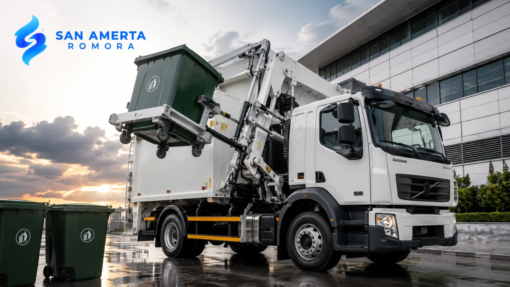 Side loader truck San Amerta Romora dengan sistem hidrolik mengangkat kontainer sampah.