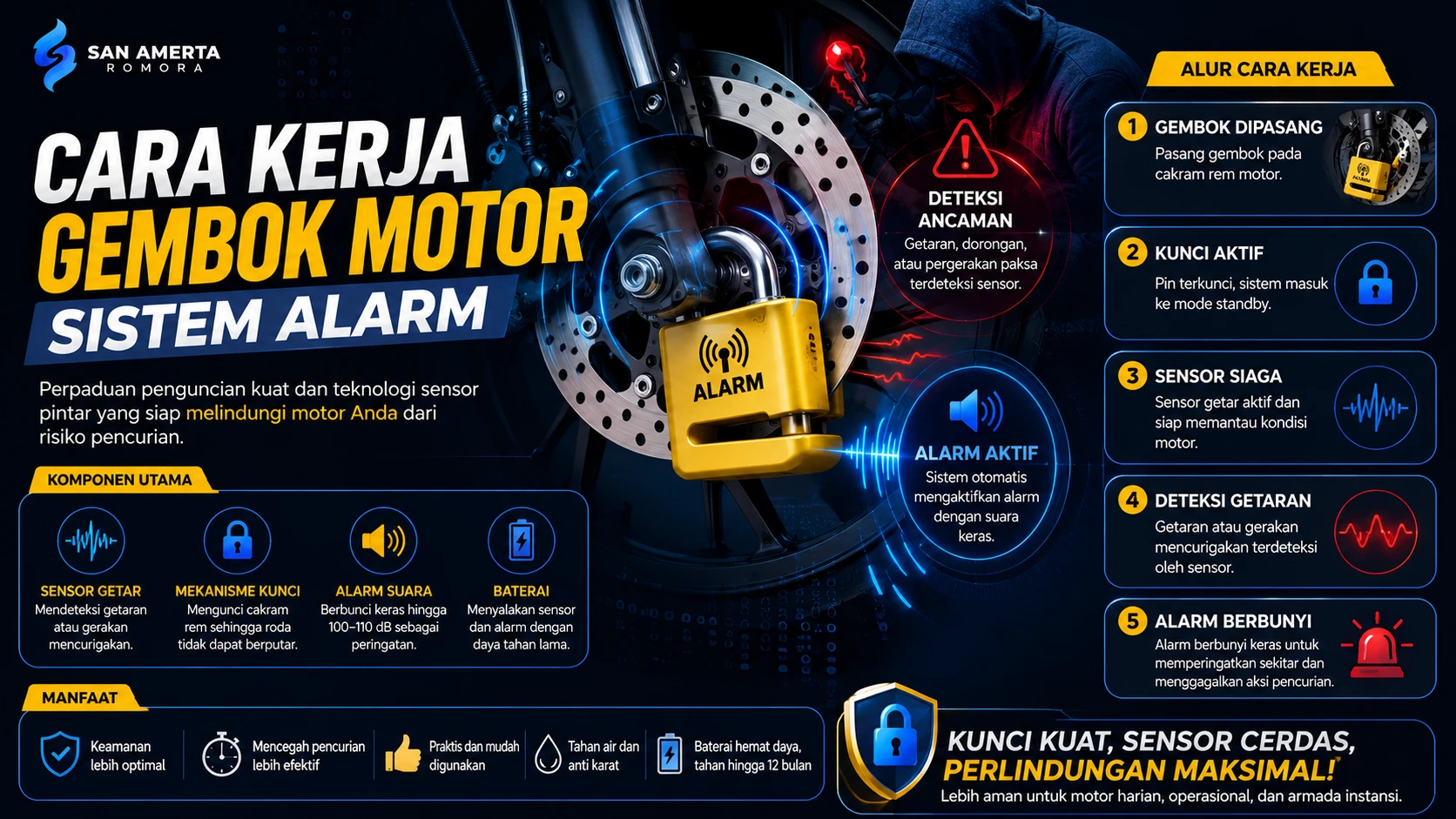 Ilustrasi gembok motor sistem alarm yang terpasang pada cakram rem dengan visual sensor getar, gelombang alarm, dan alur kerja keamanan yang menunjukkan proses deteksi gerakan hingga alarm berbunyi otomatis.