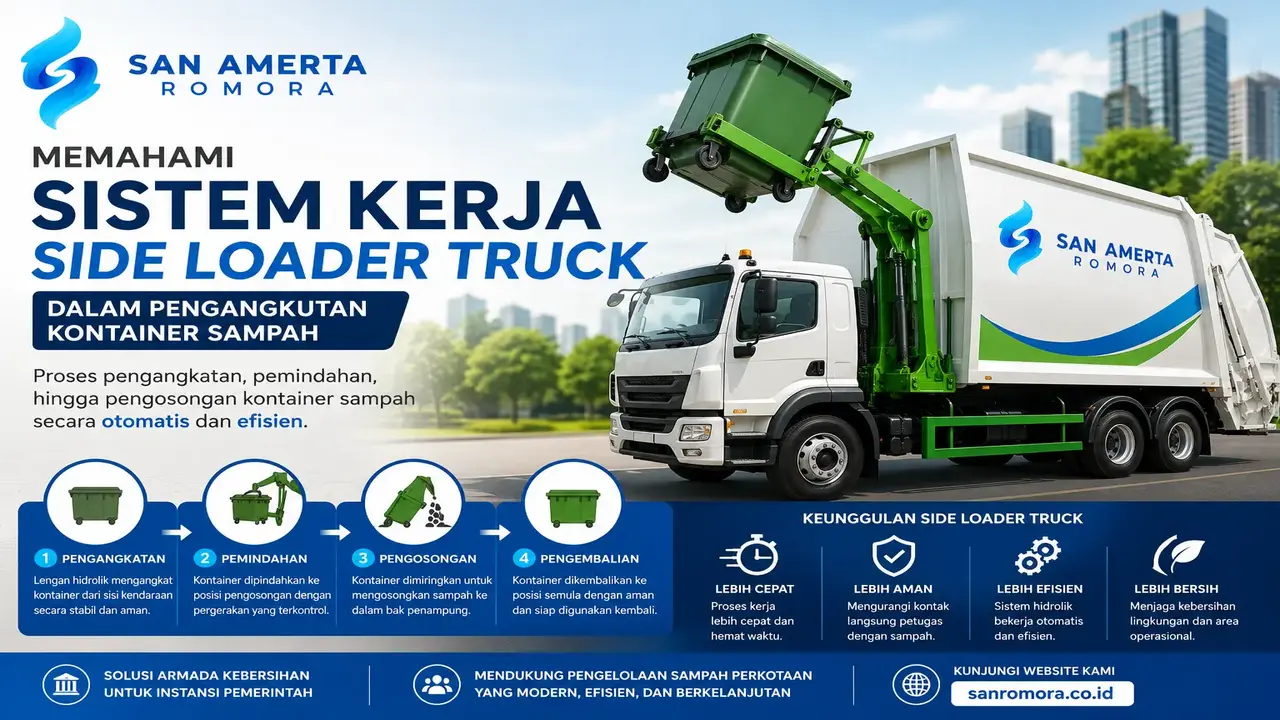 Sistem Kerja Side Loader Truck dalam pengangkutan kontainer sampah otomatis untuk meningkatkan efisiensi operasional kebersihan perkotaan