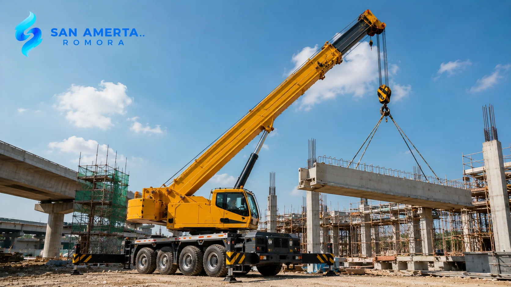 Mobile crane mengangkat balok beton di proyek konstruksi sebagai ilustrasi alat berat untuk pekerjaan berkapasitas besar.