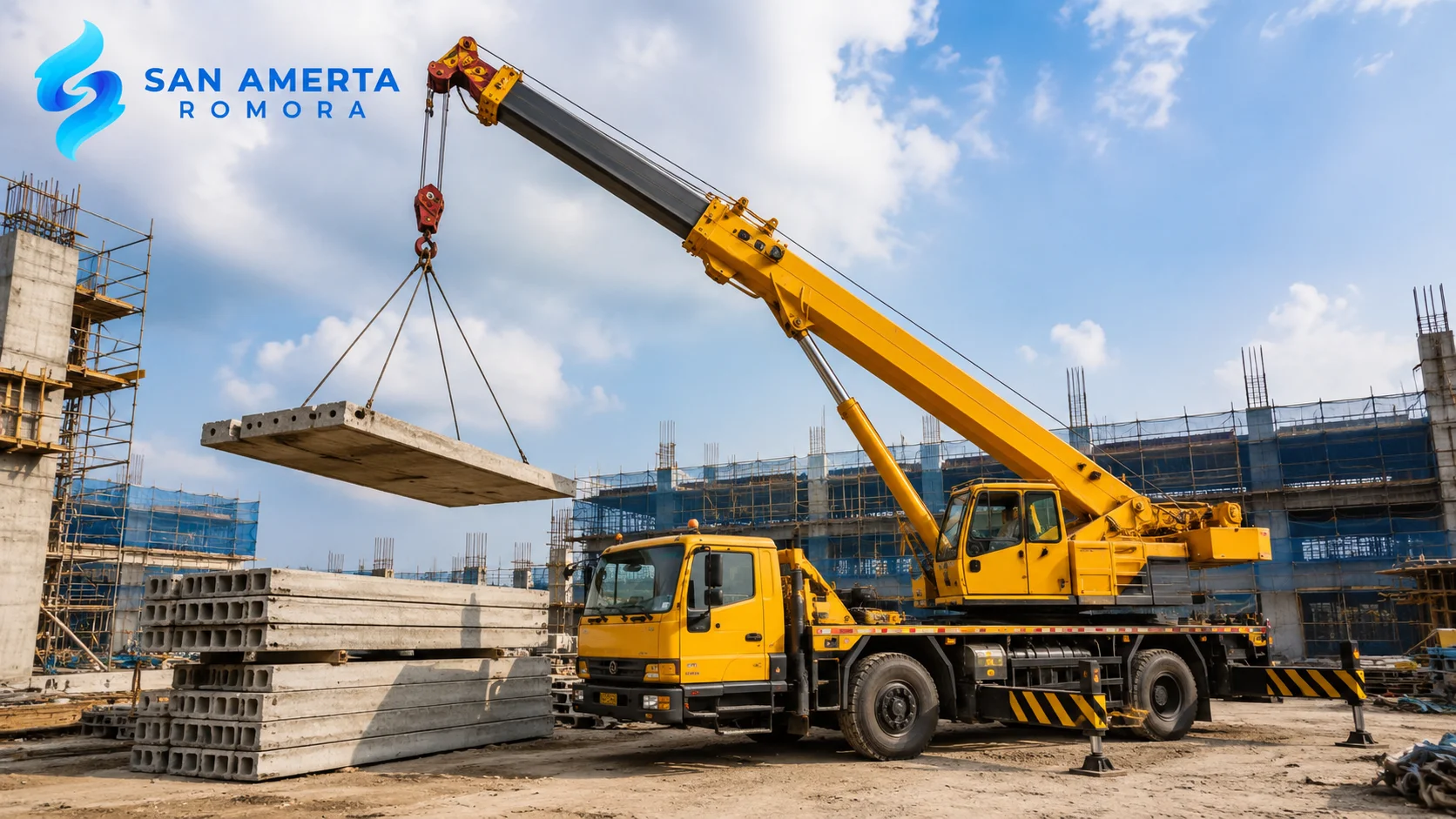 Truck mounted crane mengangkat panel beton pracetak di area proyek konstruksi sebagai ilustrasi fungsi alat berat.