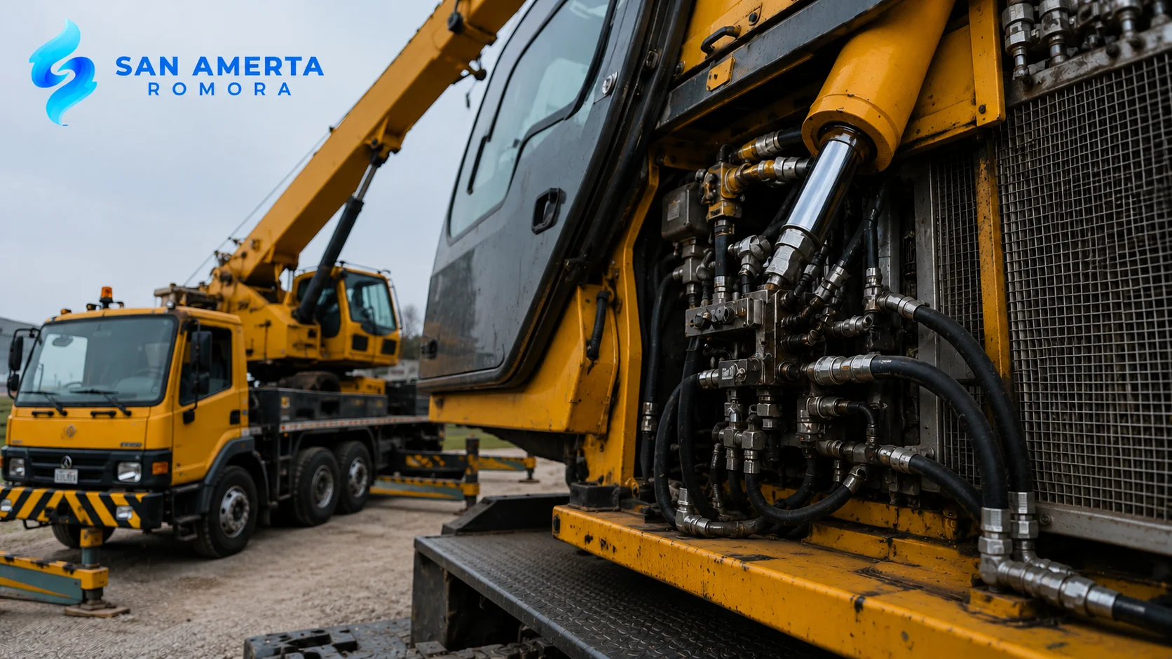 Sistem hidrolik truk crane dengan selang dan silinder hidrolik sebagai ilustrasi penanganan kebocoran pada alat berat.