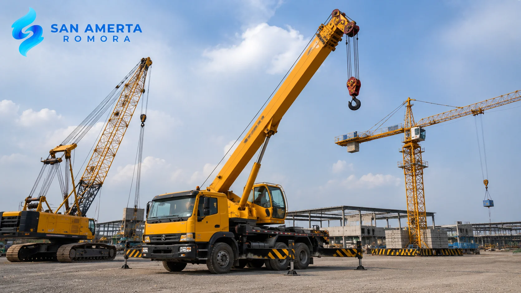Truck mounted crane beroperasi di proyek konstruksi sebagai ilustrasi keunggulan mobilitas dan efisiensi dibanding jenis crane lainnya.