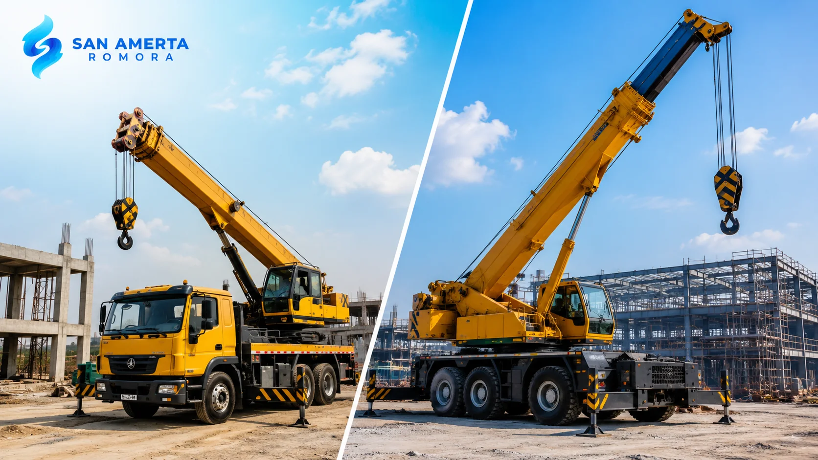 Perbandingan truck crane dan mobile crane di area proyek konstruksi sebagai ilustrasi perbedaan fungsi dan karakteristik alat berat.