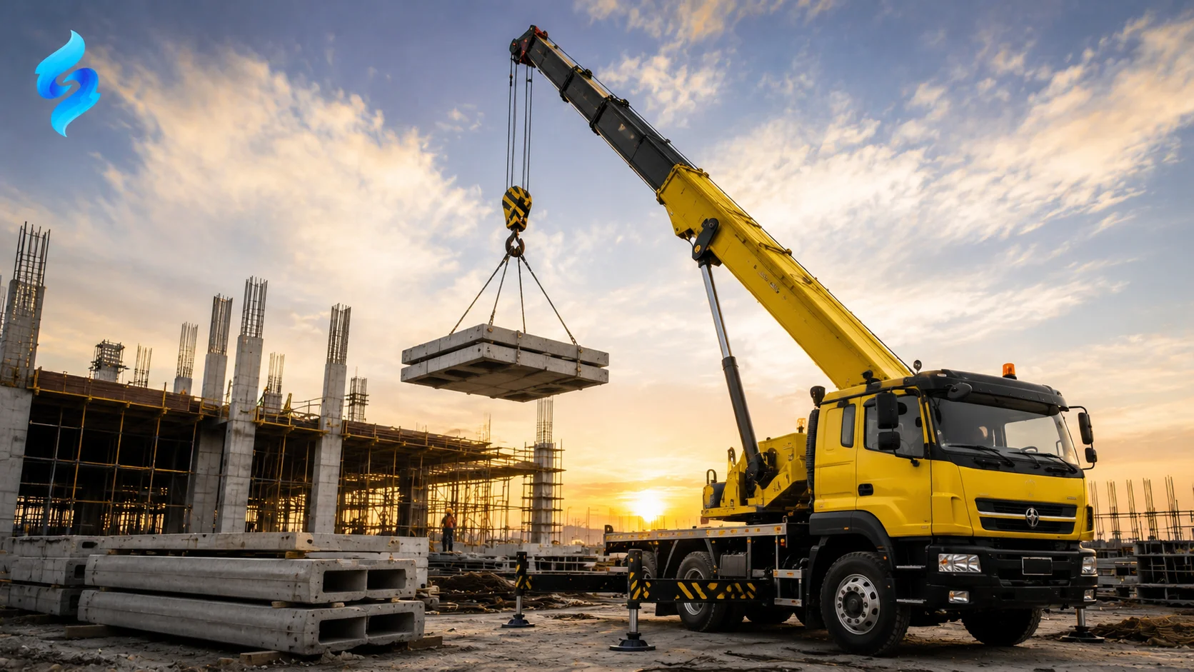 Truck mounted crane mengangkat material beton di proyek konstruksi sebagai ilustrasi peran penyedia alat berat dalam mendukung pekerjaan infrastruktur.