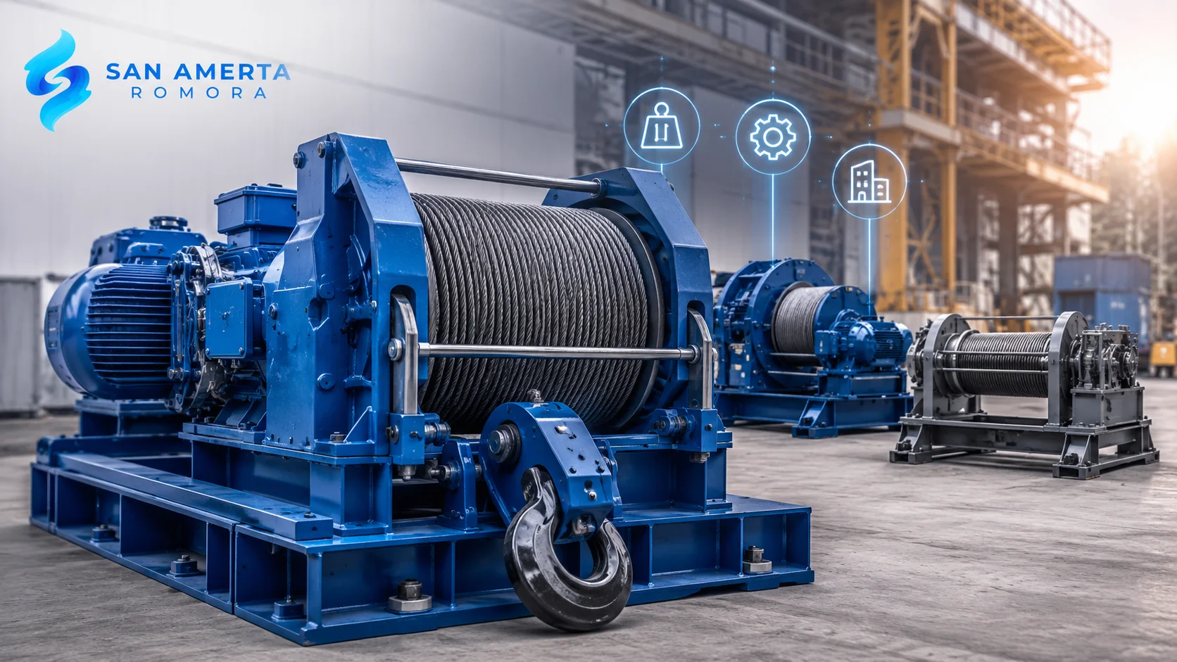 Winch machine industri dengan kabel baja dan logo San Amerta Romora.