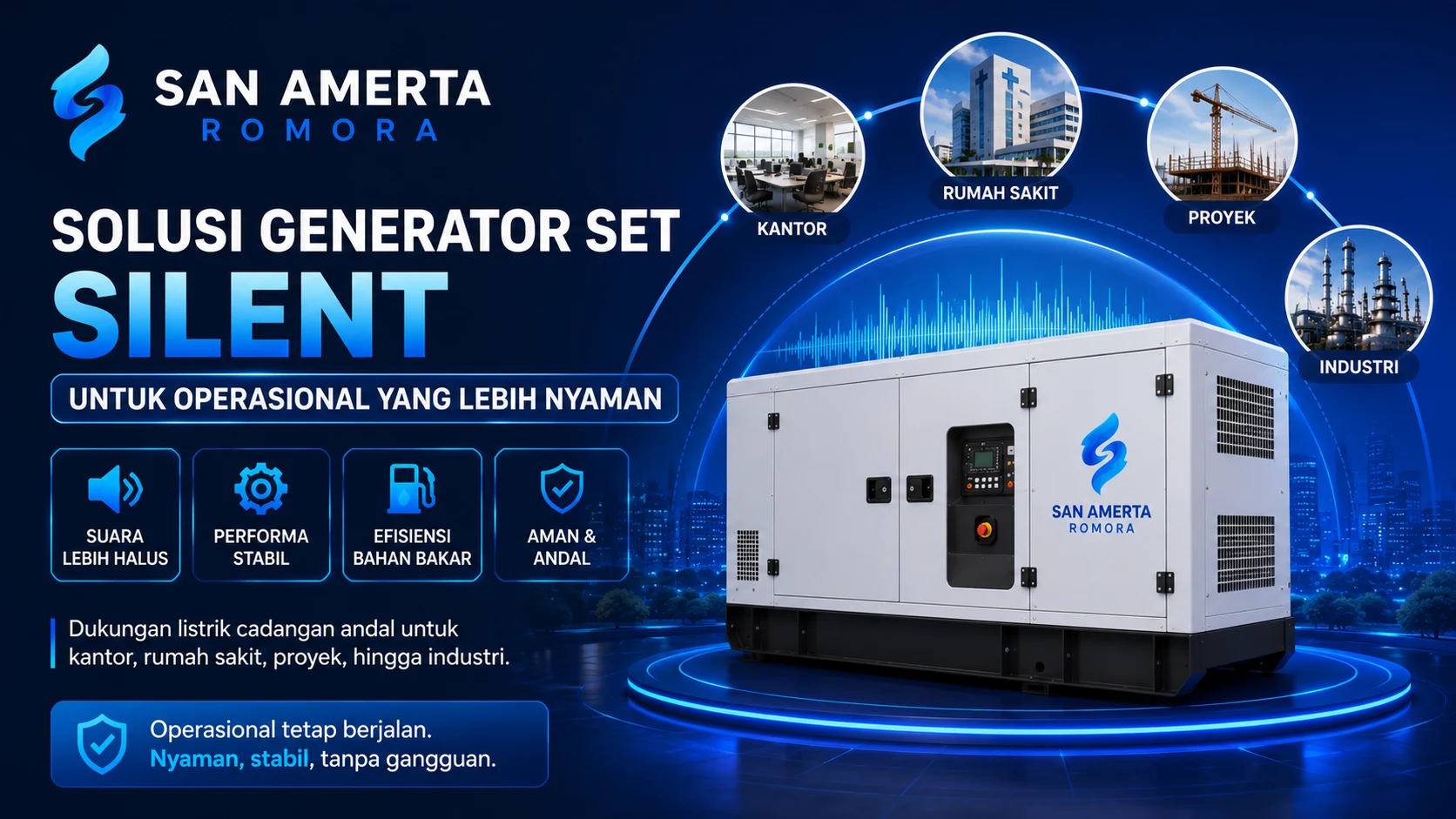 Banner generator set silent San Amerta Romora dengan desain modern berwarna biru yang menampilkan genset silent untuk kebutuhan kantor, rumah sakit, proyek, dan industri dengan operasional lebih nyaman dan stabil.