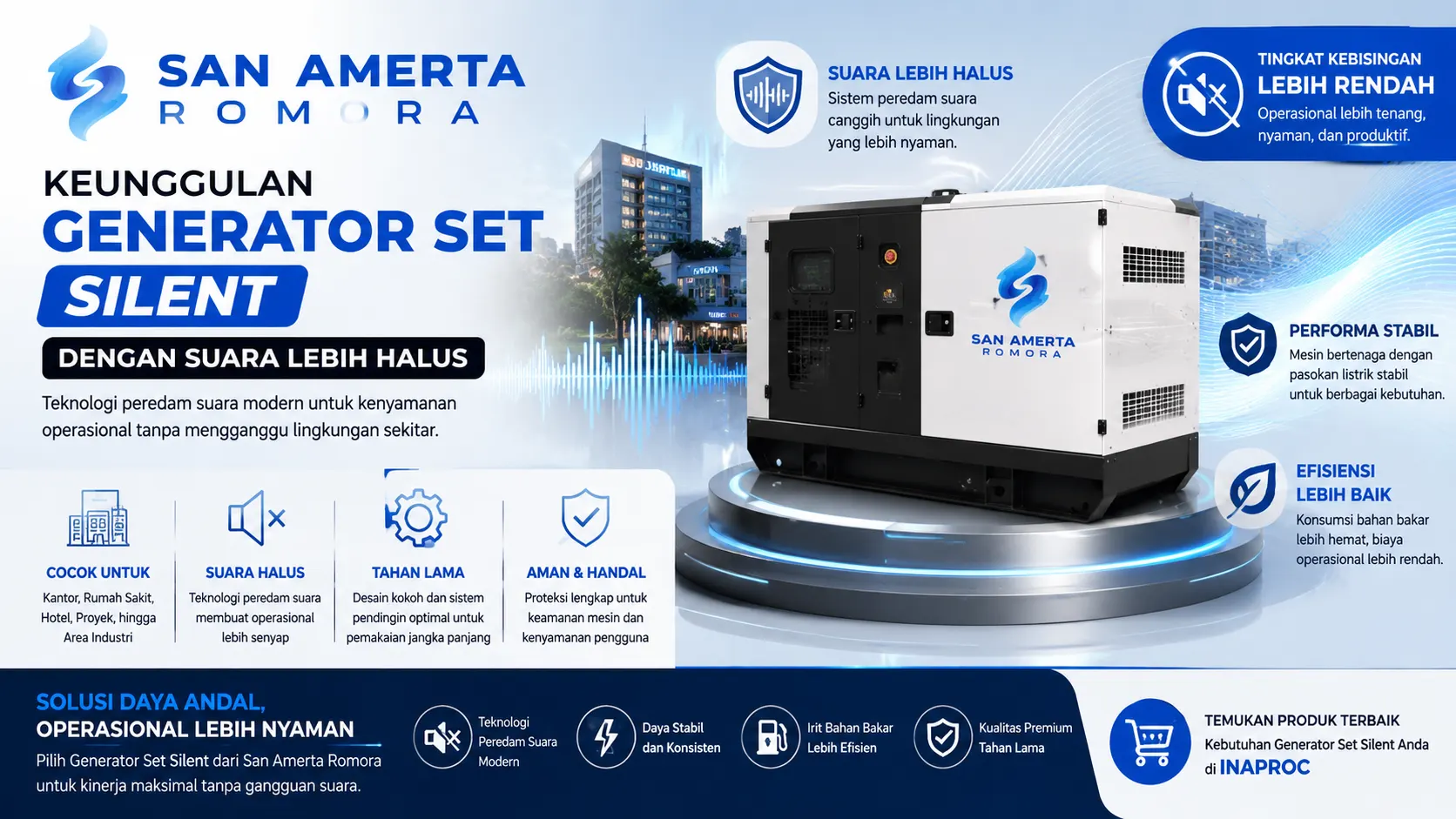Banner generator set silent San Amerta Romora yang menampilkan keunggulan suara lebih halus, performa stabil, dan efisiensi operasional untuk kebutuhan listrik cadangan berbagai sektor.