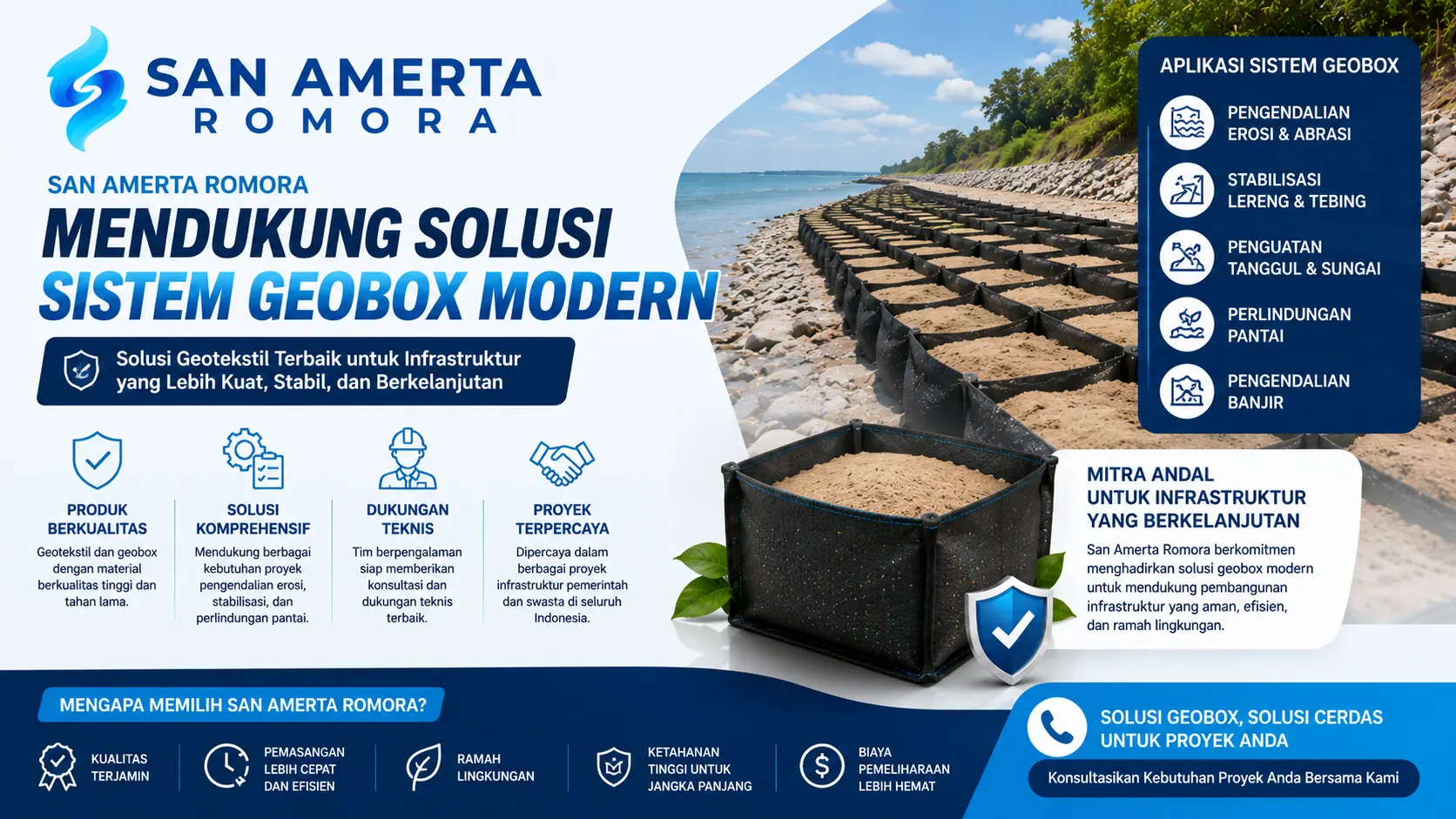 Banner perusahaan San Amerta Romora yang menampilkan solusi sistem geobox modern untuk pengendalian erosi, perlindungan pantai, stabilisasi lereng, dan penguatan tanggul dalam proyek infrastruktur berkelanjutan.