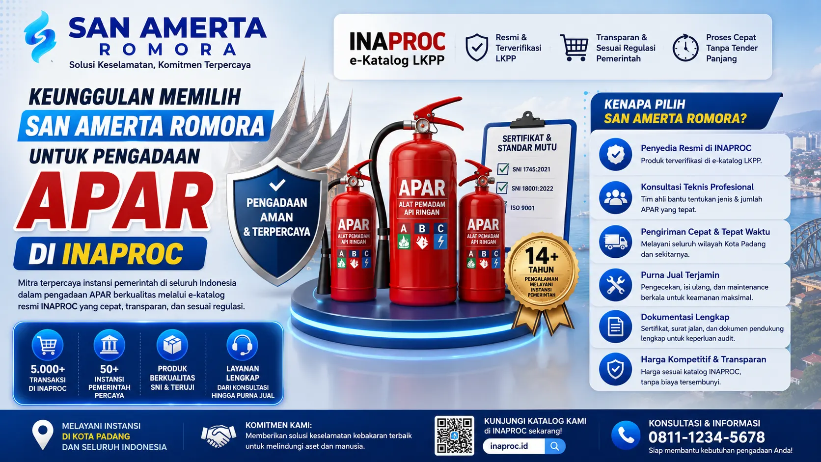Banner keunggulan memilih San Amerta Romora untuk pengadaan APAR di Inaproc, menampilkan produk APAR bersertifikat, layanan profesional, pengalaman pengadaan pemerintah, serta proses yang transparan dan sesuai regulasi LKPP.