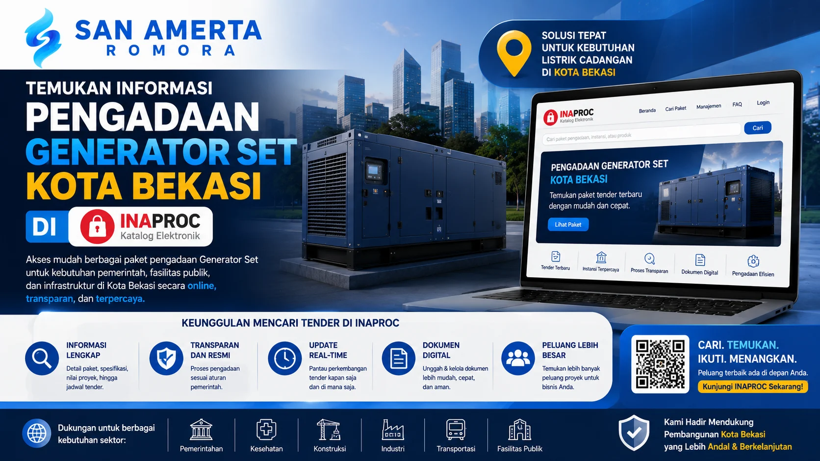 Banner informasi pengadaan generator set Kota Bekasi melalui INAPROC yang menampilkan unit genset, antarmuka katalog elektronik pengadaan, serta logo San Amerta Romora dalam desain modern yang menonjolkan akses tender pemerintah yang transparan dan efisien.