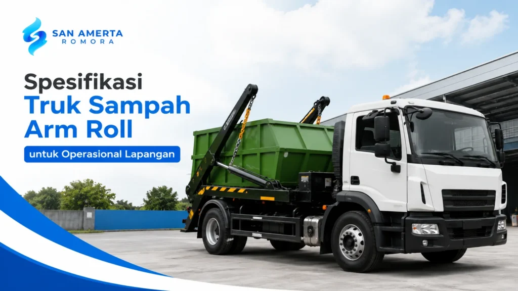 Ilustrasi Gambar Spesifikasi truk sampah arm roll untuk operasional lapangan dengan sistem pengangkut kontainer hidrolik.