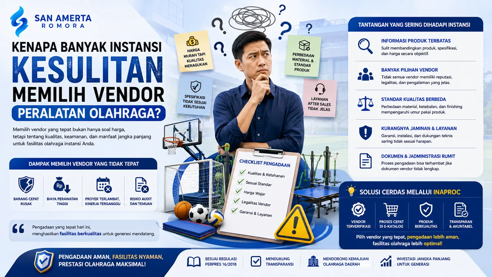 edukasi tentang tantangan memilih vendor peralatan olahraga dengan ilustrasi perlengkapan olahraga, daftar evaluasi vendor, dan proses seleksi penyedia yang sesuai kebutuhan instansi pemerintah.