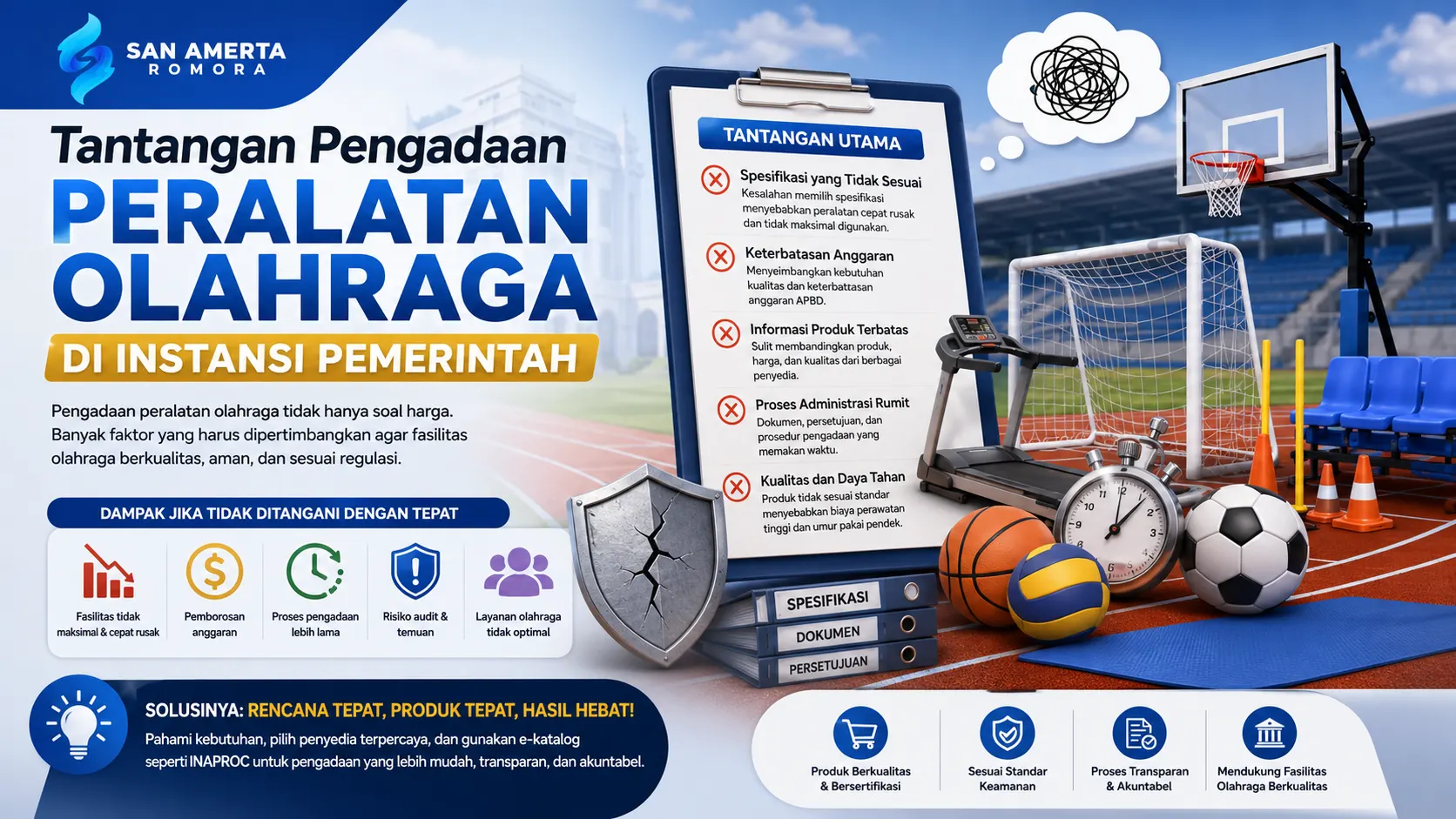 tantangan pengadaan peralatan olahraga di instansi pemerintah dengan ilustrasi lapangan olahraga, perlengkapan olahraga, dokumen pengadaan, dan proses pemilihan produk sesuai spesifikasi.