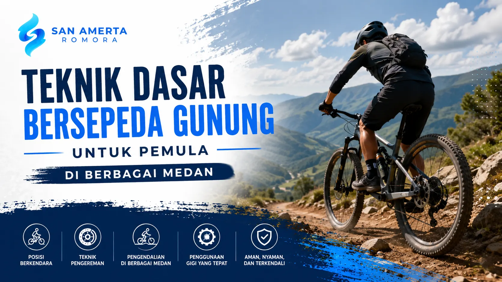 Ilustrasi gambar teknik dasar bersepeda gunung untuk pemula di berbagai medan meliputi posisi berkendara, teknik pengereman, pengendalian sepeda, dan penggunaan gigi yang tepat