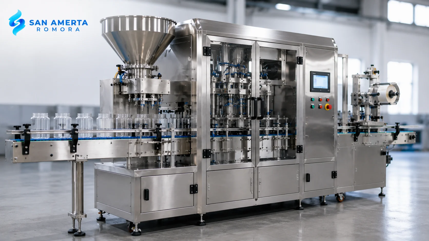 Mesin pengemasan otomatis berbahan stainless steel dengan sistem kontrol digital untuk mendukung proses produksi industri modern.